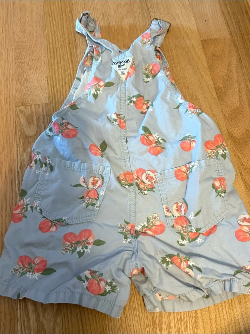 OshKosh B'gosh Light Blue Peach Print Short Overalls Shortalls Sz 5T